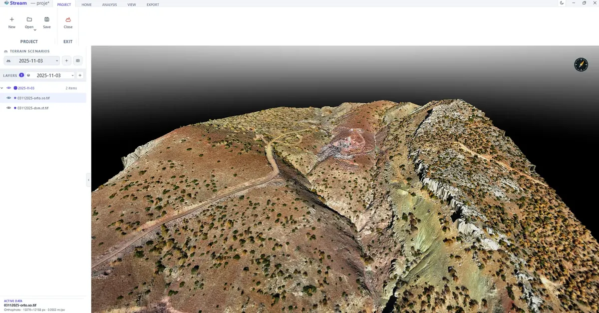 STREAM Terrain 3D view: a drone orthophoto draped over the terrain model, with terrain scenarios and layers on the left